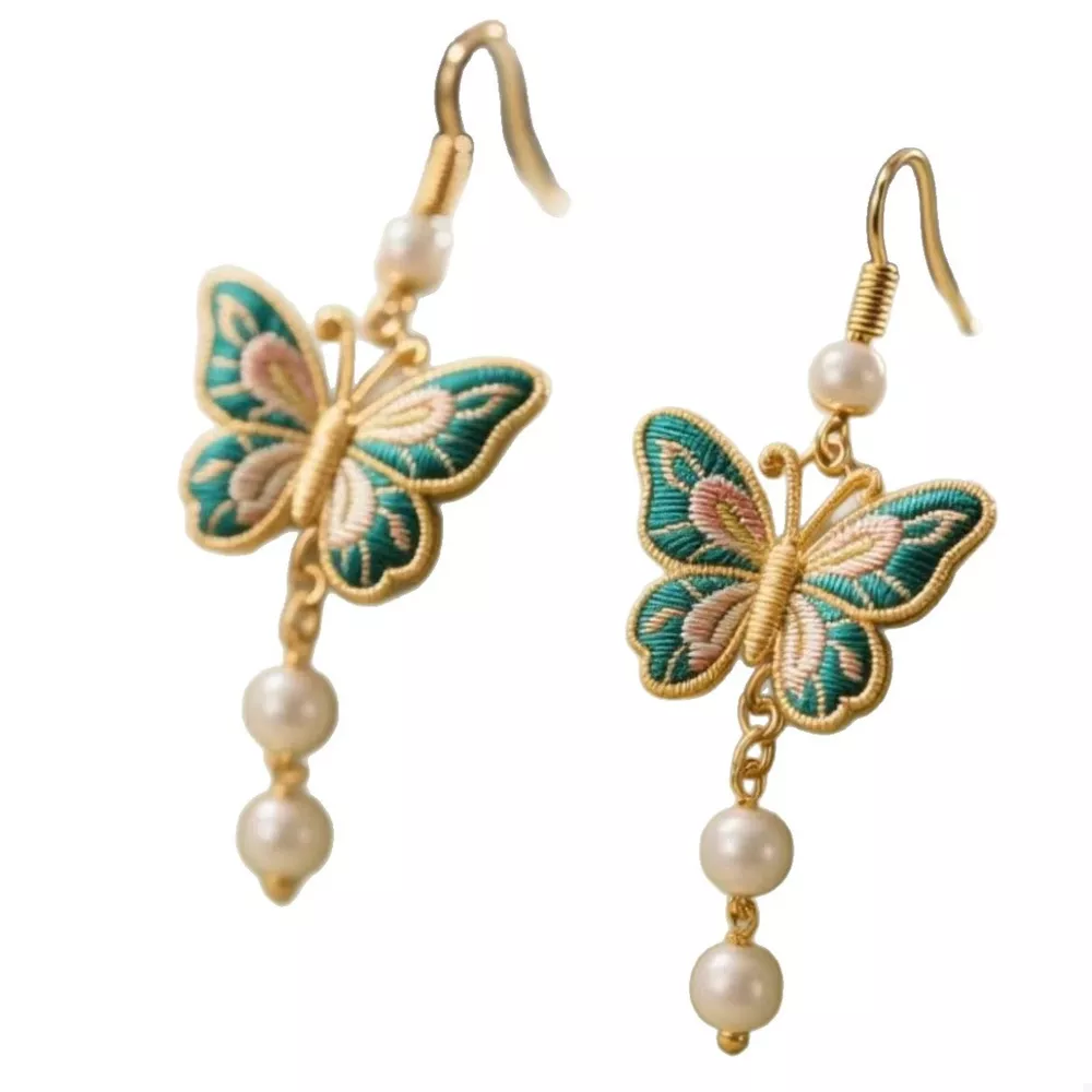 Butterfly Dangle Earrings with Pearls, image 2