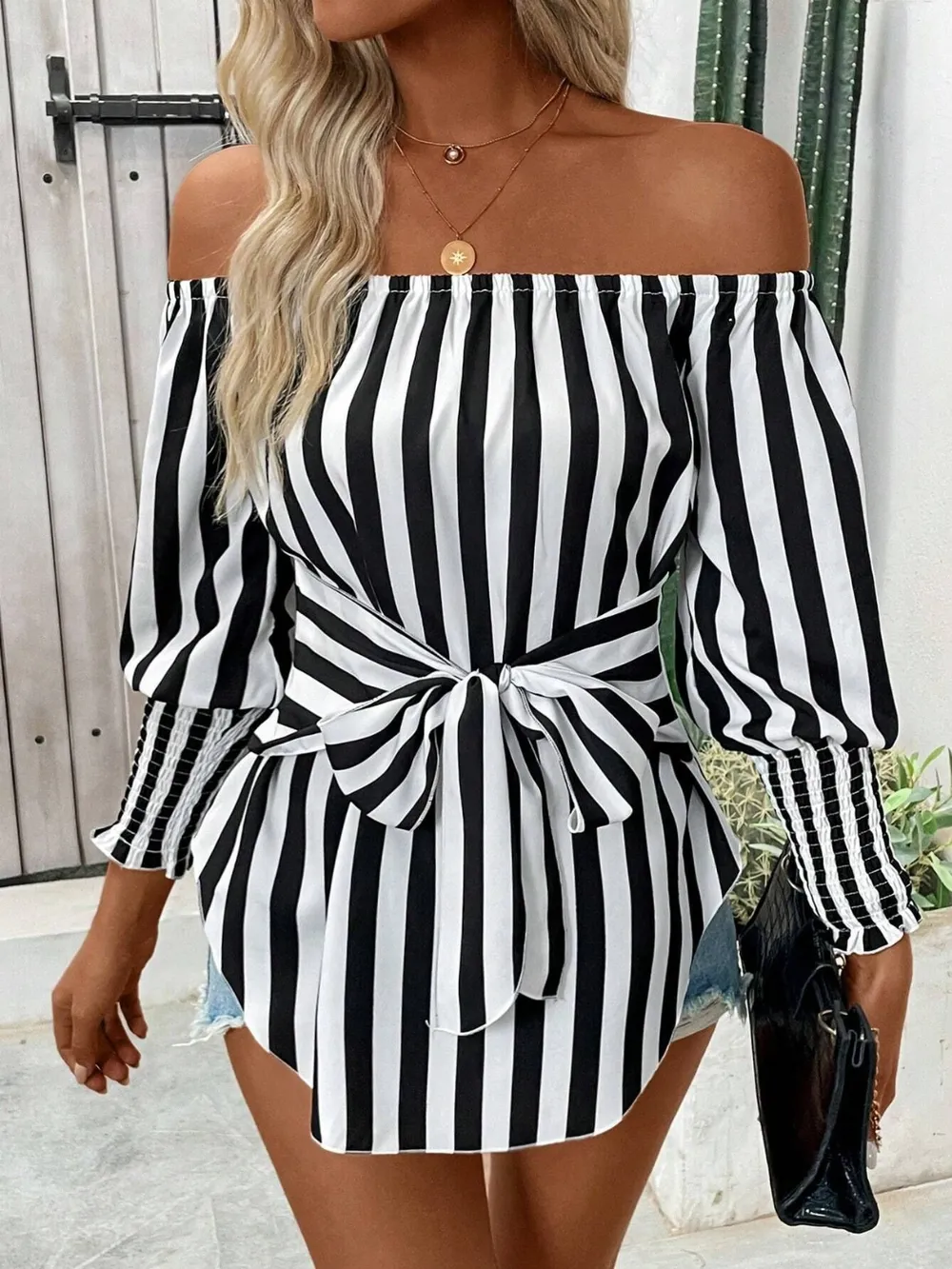 Striped Off-Shoulder Long Sleeve Blouse, image 6