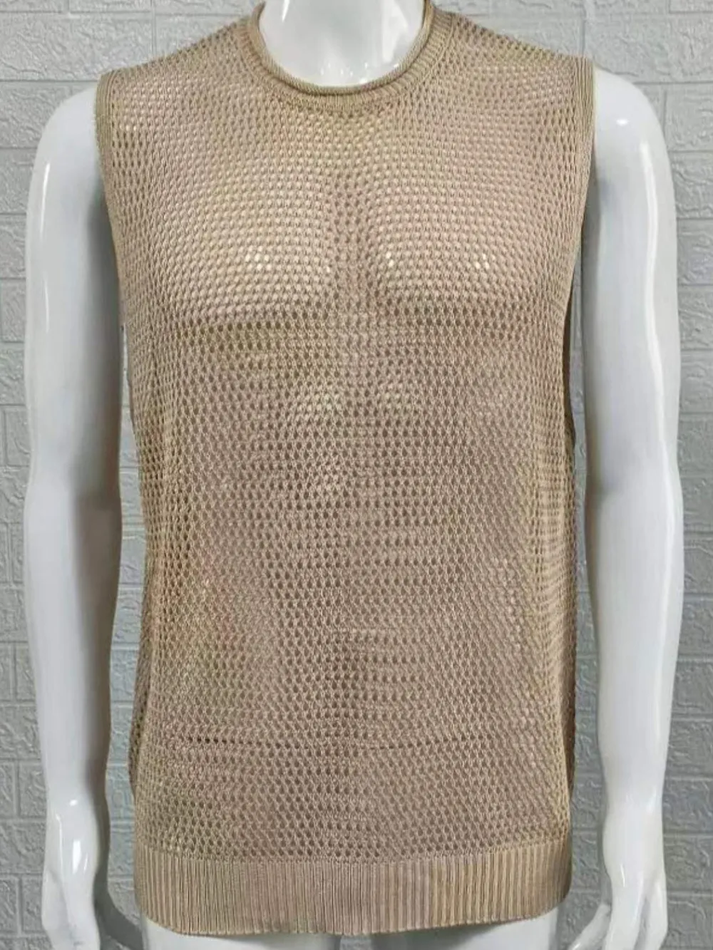 Men's Openwork Round Neck Sleeveless Knit Top, image 3