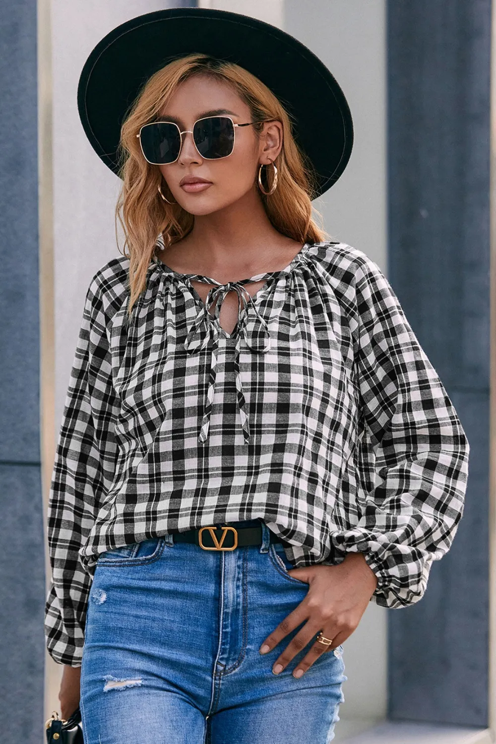 Plaid Tie Neck Balloon Sleeve Blouse, image 2