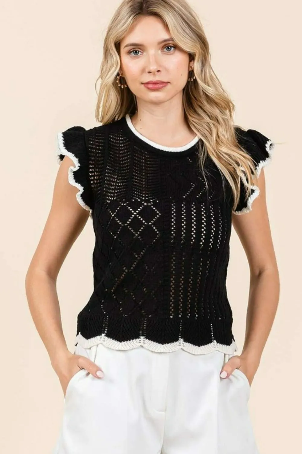 Openwork Contrast Trim Ruffled Cap Sleeve Knit Top