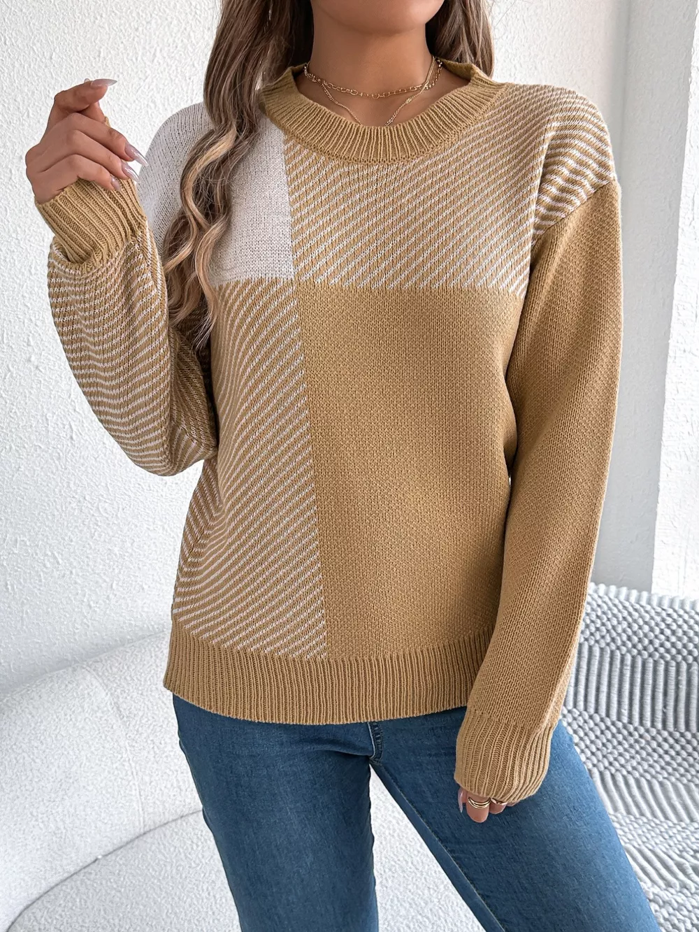 Color Block Striped Round Neck Sweater, image 7