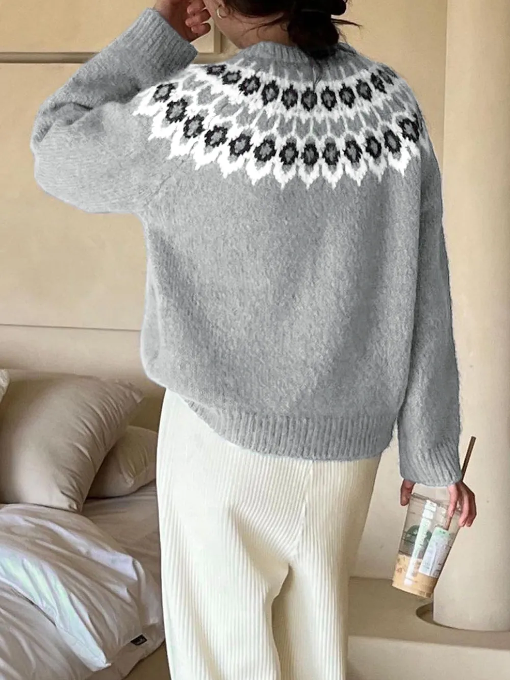 Nordic Fair Isle Pattern Round Neck Sweater, image 2