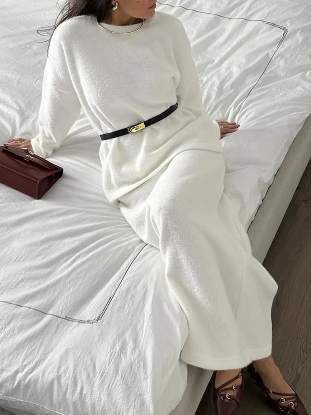 Round Neck Dropped Shoulder Top and Midi Skirt Sweater Set, image 4