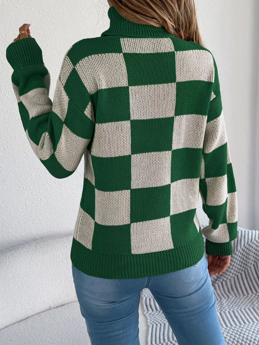 Checkered Turtleneck Long Sleeve Sweater, image 6