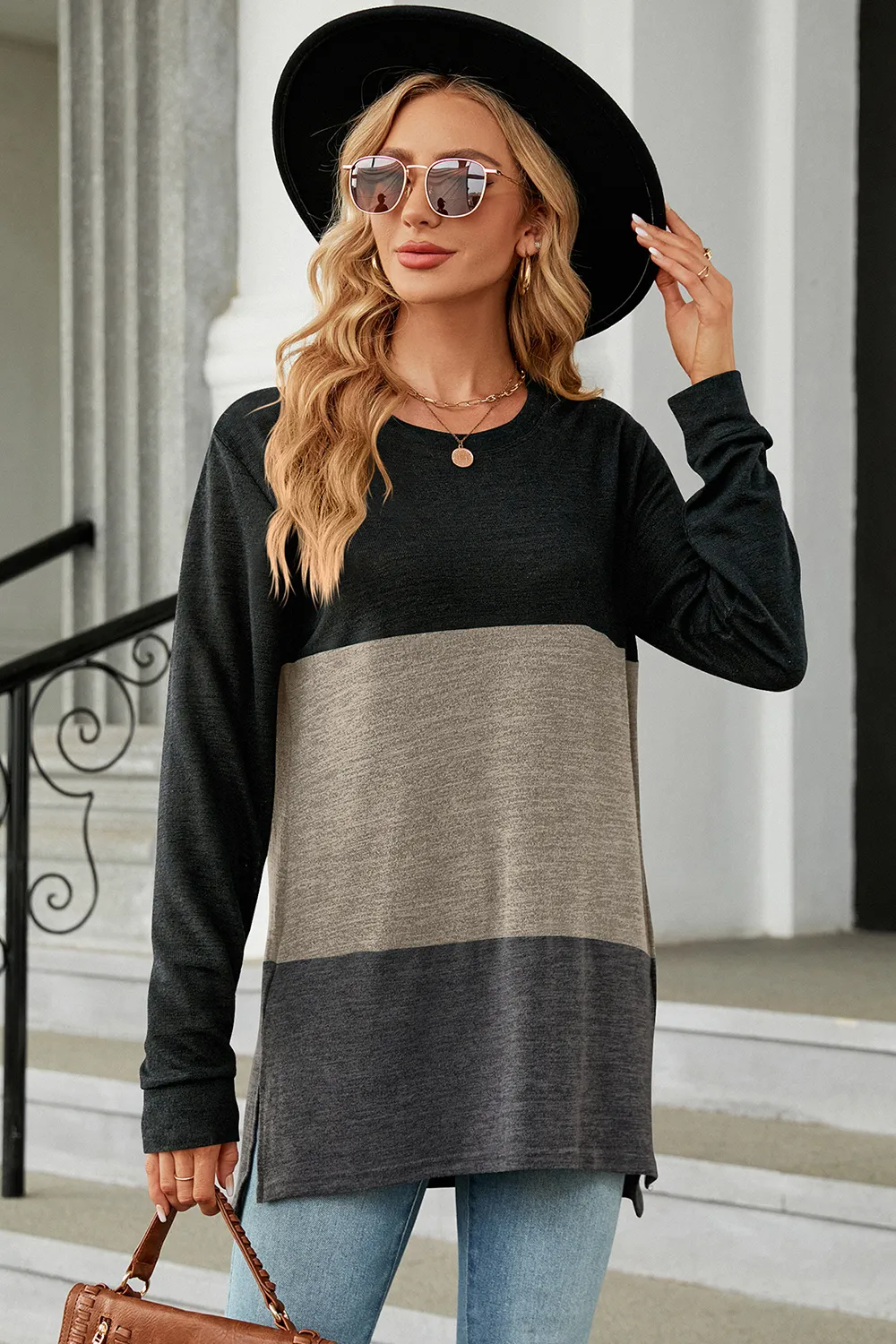 Color Block Round Neck Long Sleeve T-Shirt, image 8