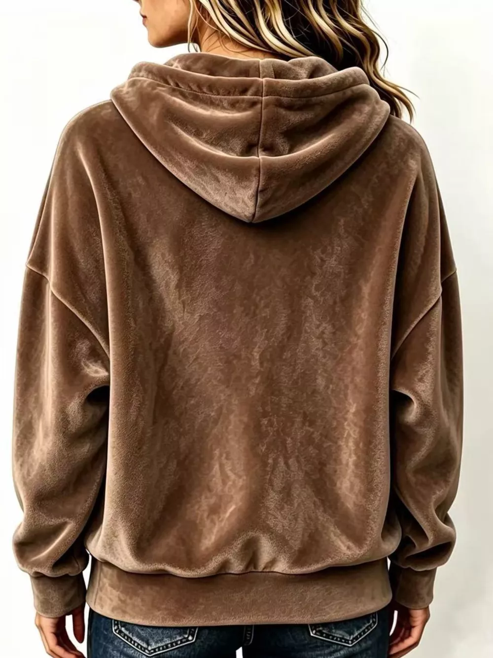 Full Size Drawstring Velvet Long Sleeve Hoodie Plus Size, image 8
