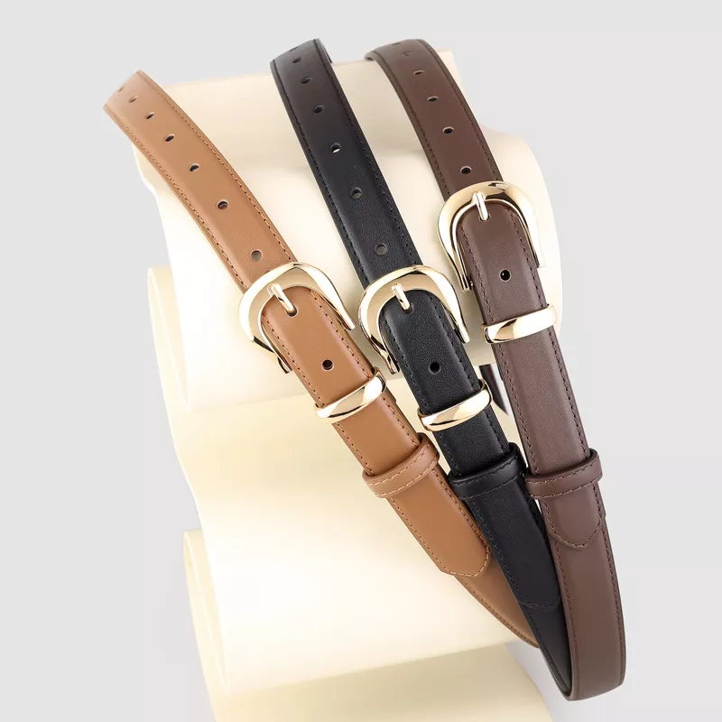 Leather Skinny Belt with Golden Buckle, image 3