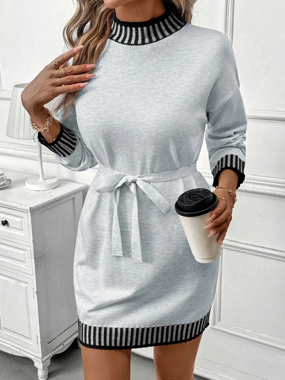 Striped Trim Tie Waist Sweater Dress, image 5