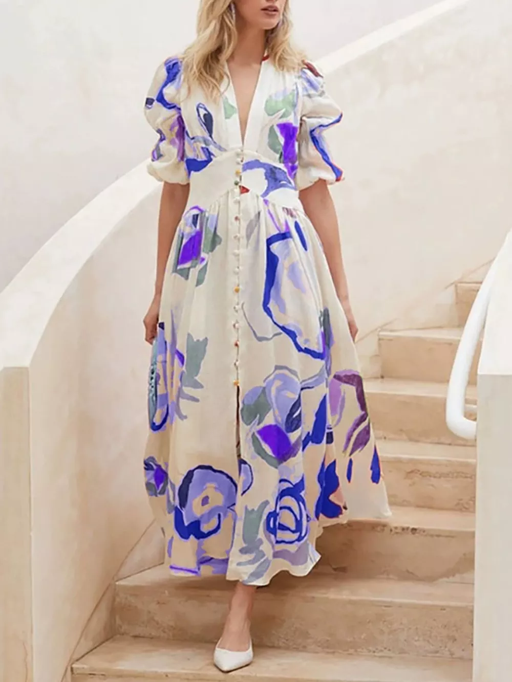 Full Size Abstract Print Puff Sleeve Midi Dress Plus Size, image 6