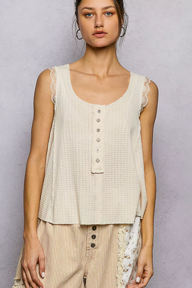 Textured Knit Round Neck Tank with Lace Detail