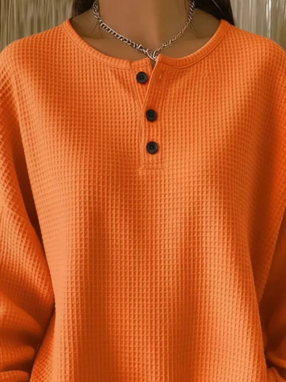 Full Size Casual Waffle Knit Button Detail Pullover Plus Size, image 6