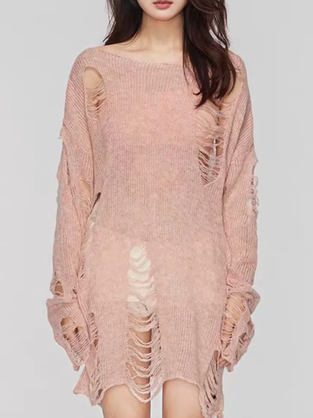 Distressed Boat Neck Knit Cover Up, image 2