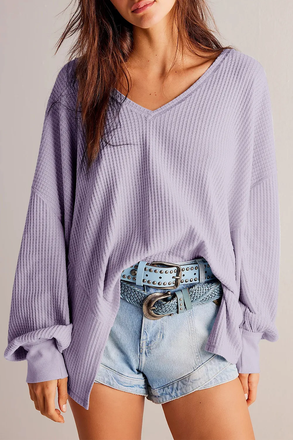 Waffle-Knit V-Neck Long Sleeve Top, image 4