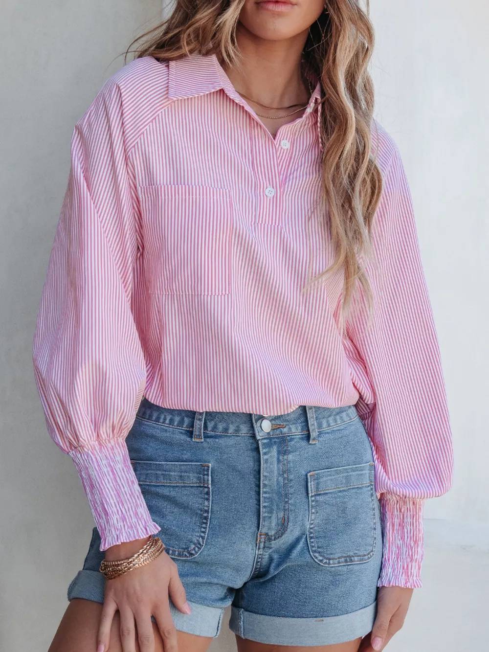 Pinstripe Long Sleeve Smocked Cuffs Button Shirt Collar Blouse, image 3