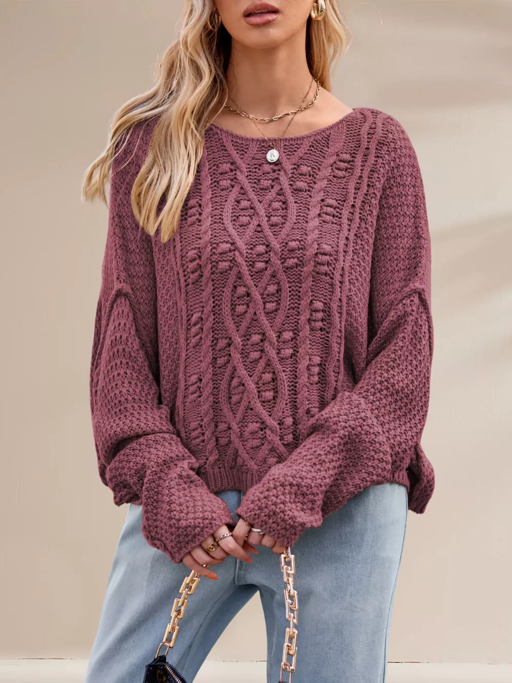 Textured Knit Round Neck Sweater, image 6