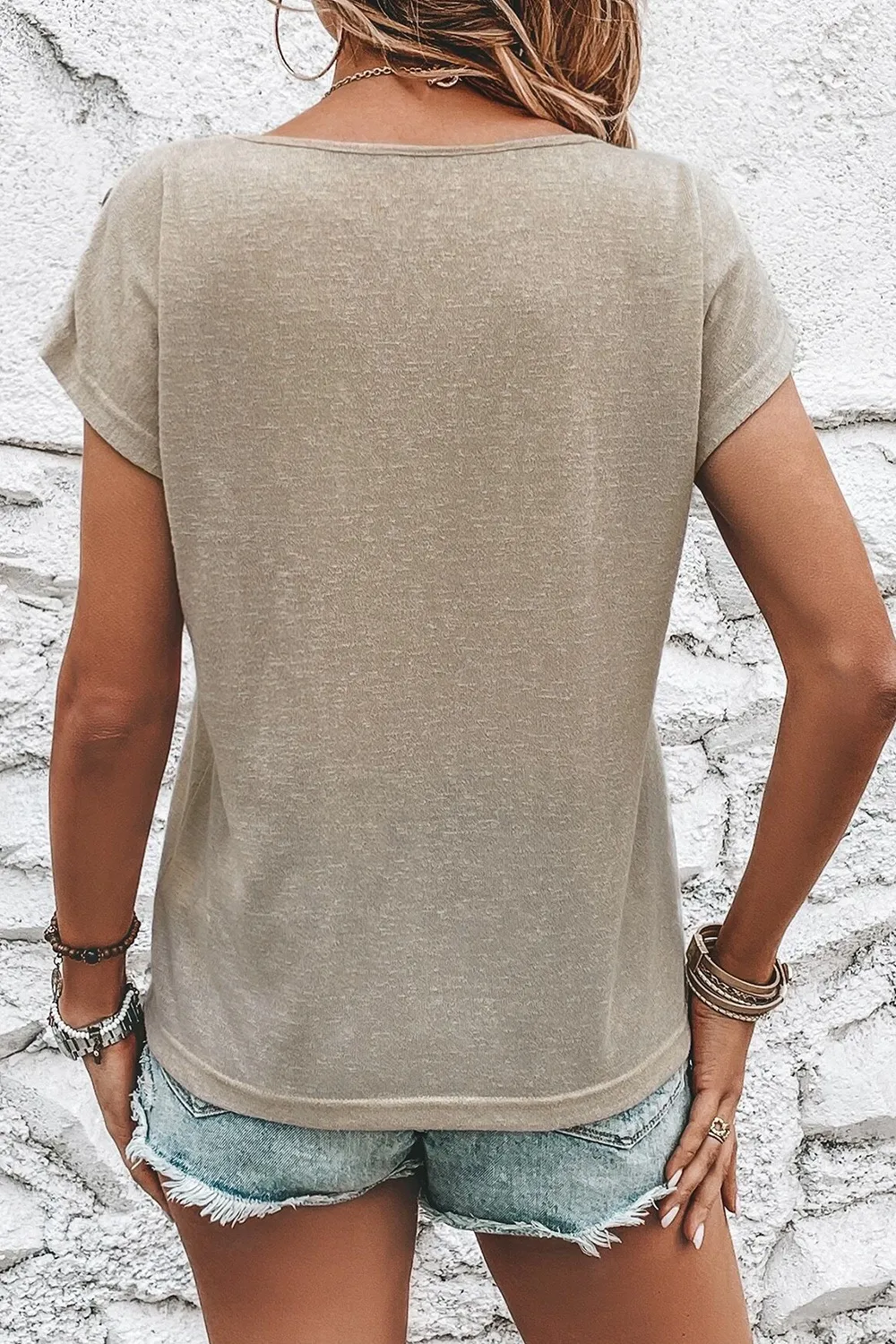 Decorative Button Graphic Round Neck Short Sleeve T-Shirt, image 2