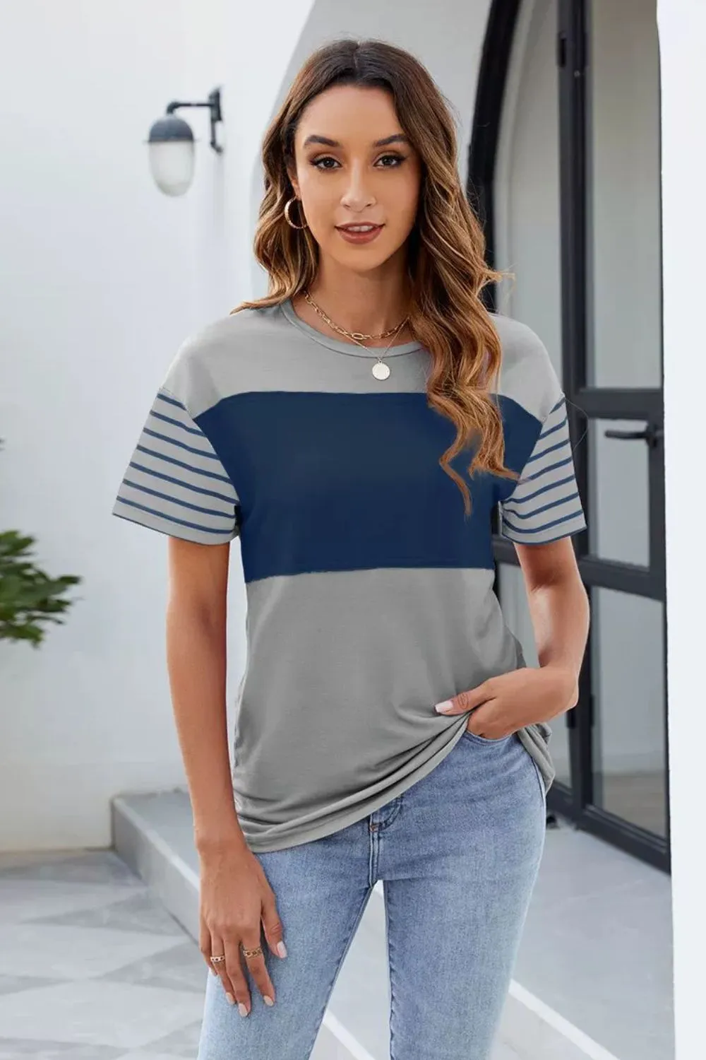 Color Block Round Neck Short Sleeve T-Shirt, image 3