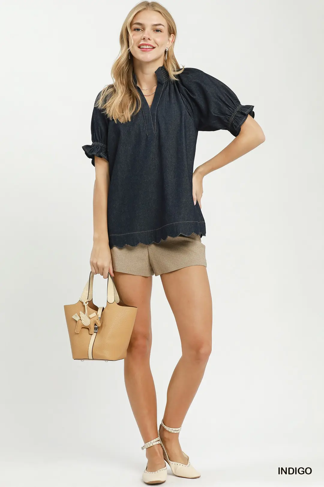 Chambray Puff Sleeve Scallop Hem Blouse, image 5