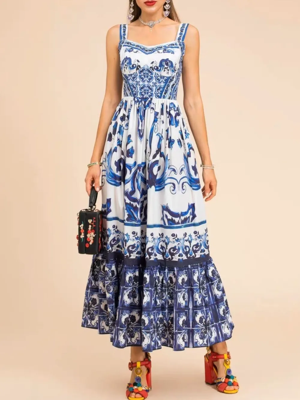 Smocked Printed Wide Strap Dress, image 3