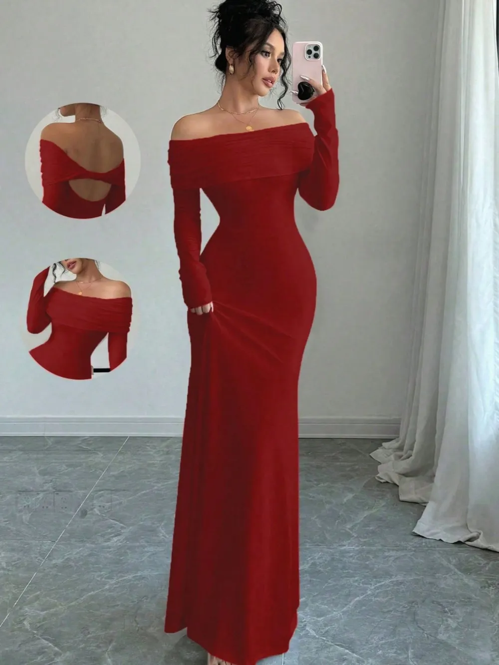 Off-Shoulder Long Sleeve Bodycon Maxi Dress, image 3