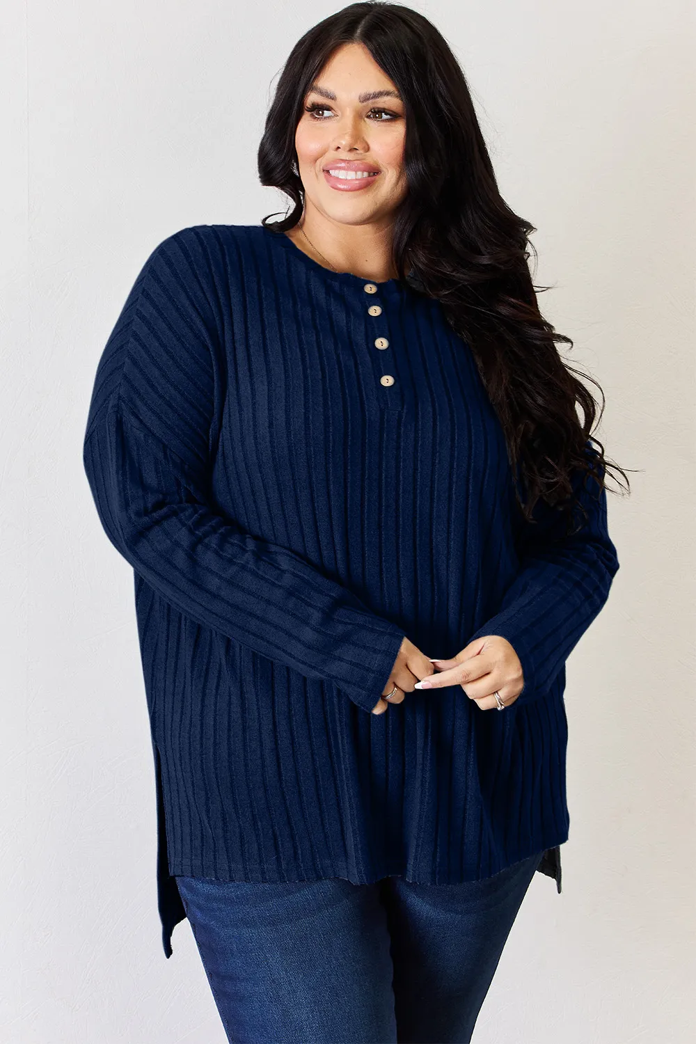 Full Size Ribbed Half Button Long Sleeve High-Low T-Shirt, image 8