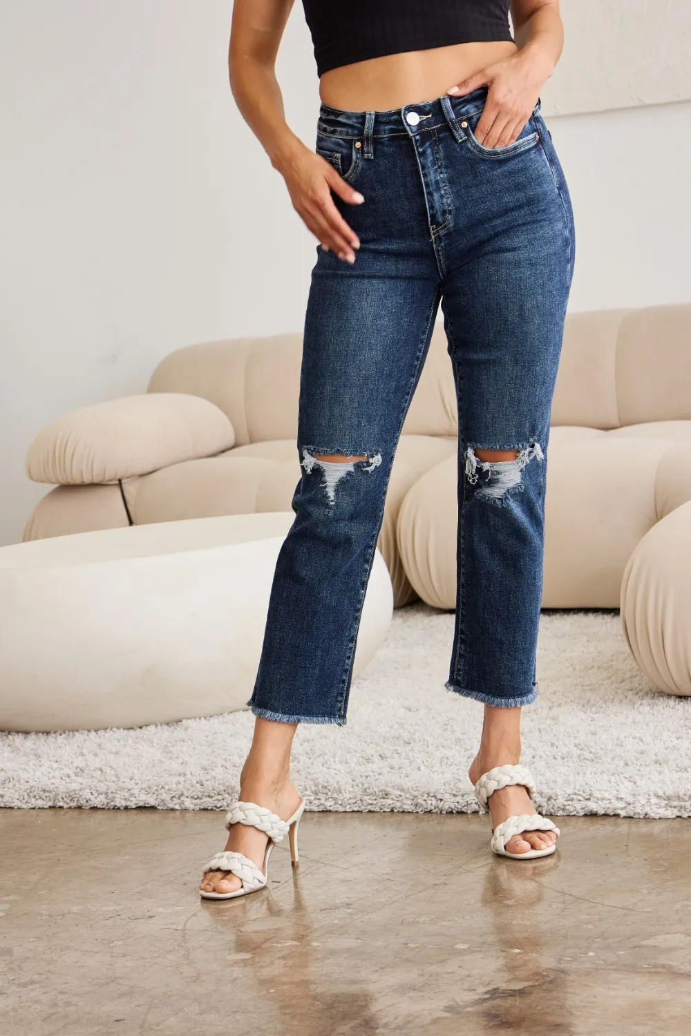 Crop Dylan Full Size Tummy Control Distressed High Waist Raw Hem Jeans, image 12
