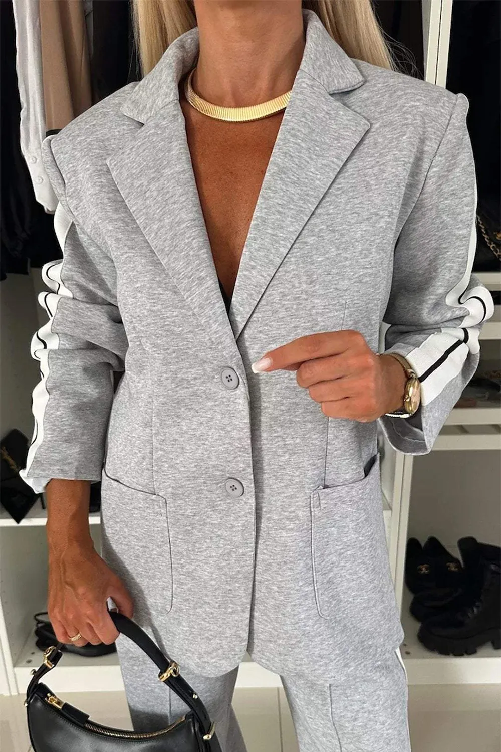 Full Size Contrast Lapel Collar Top and Pants Set, image 5