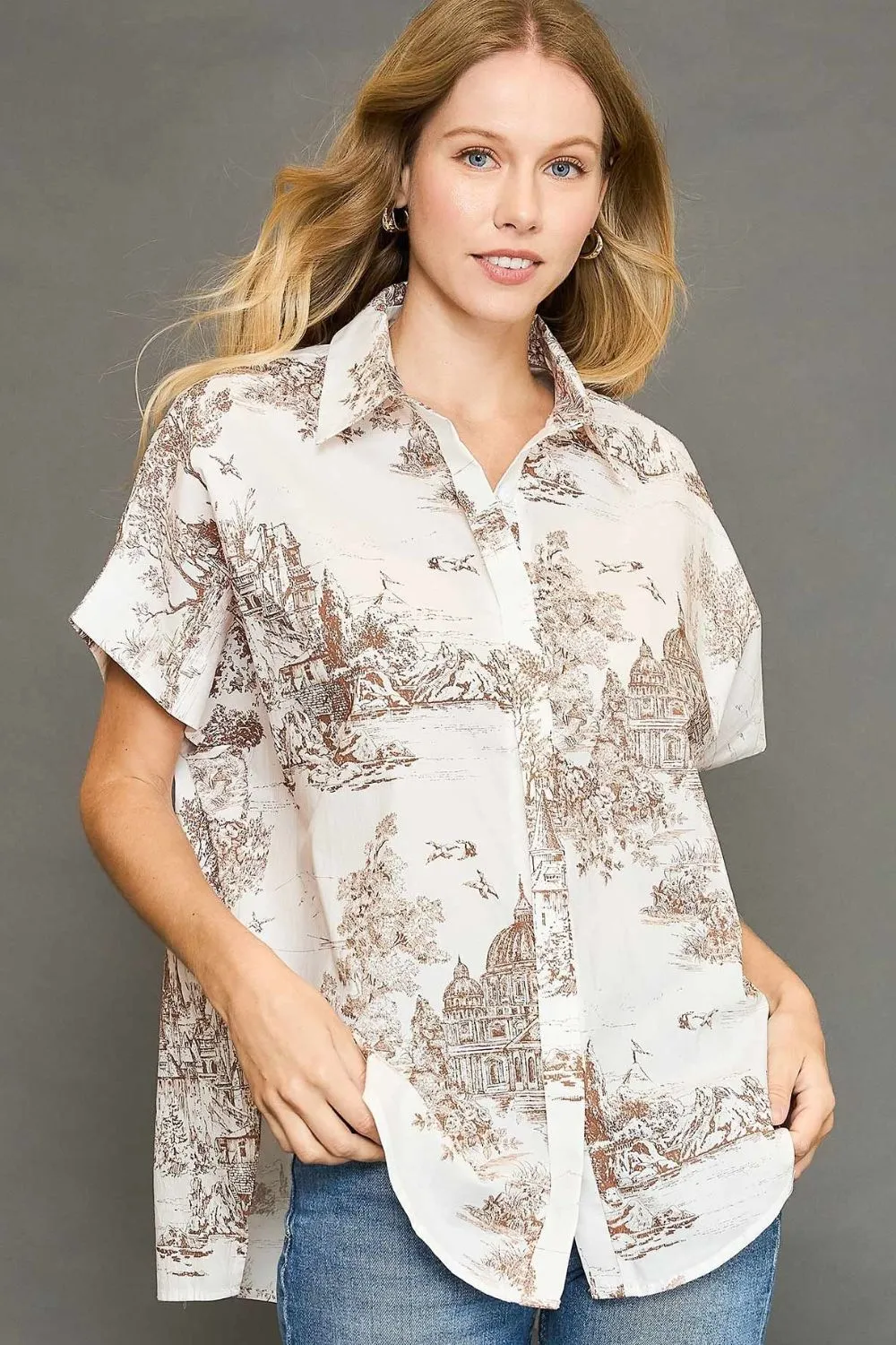 Full Size Two Tone Print Button Up Short Sleeve Shirt Plus Size
