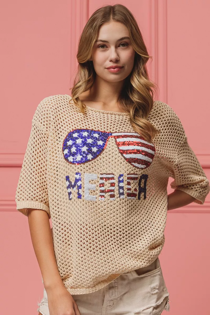 Sequin American Flag Sunglasses Knit Cover Up, image 5