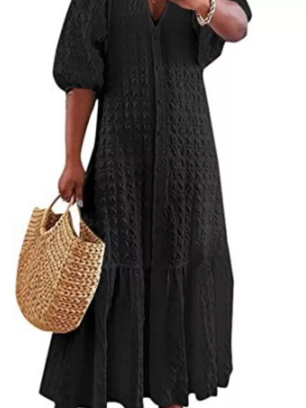 Full Size Elegant Puff Sleeve Textured Maxi Dress Plus Size, image 4