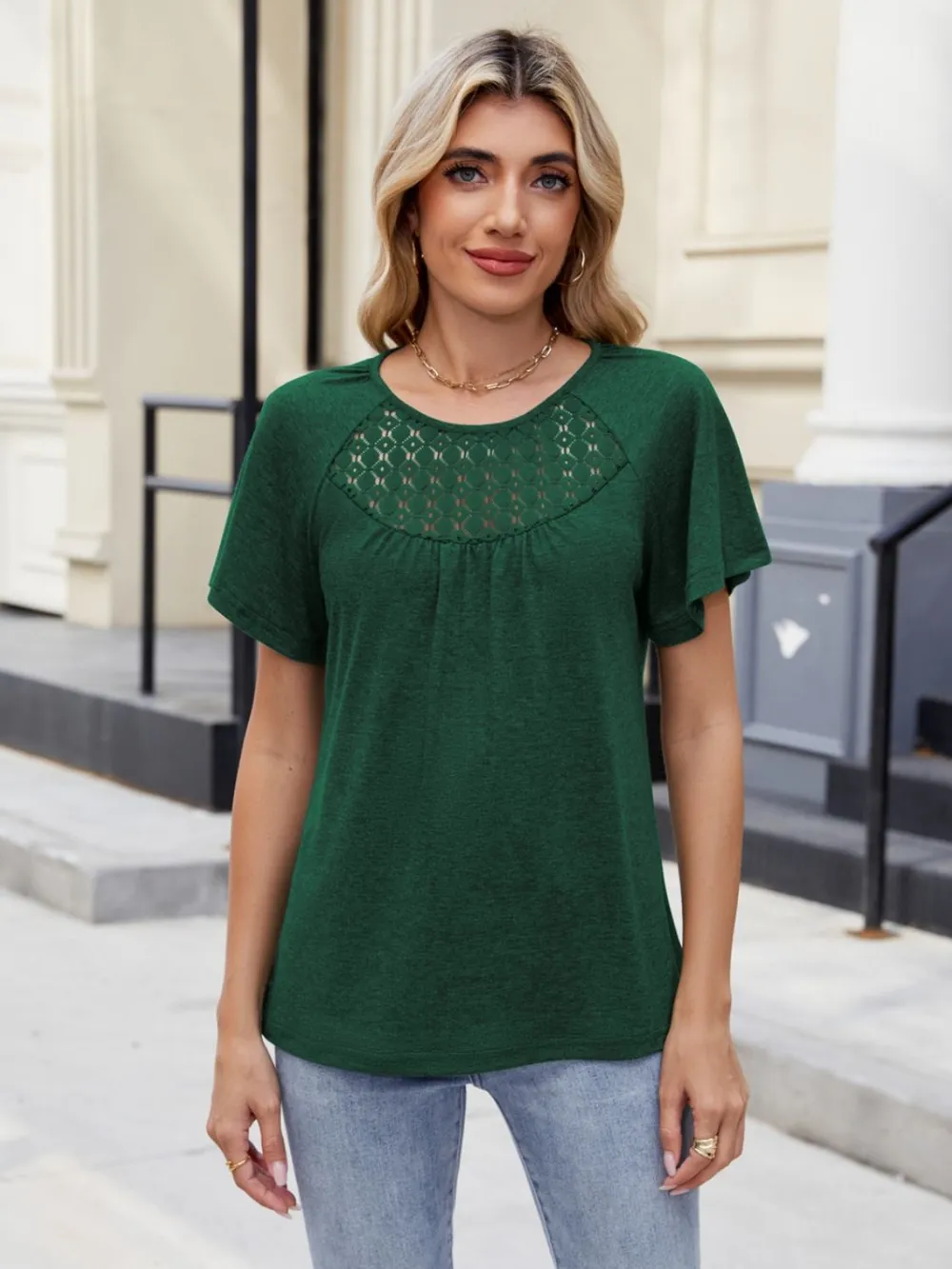 Lace Detail Round Neck Short Sleeve Blouse, image 2