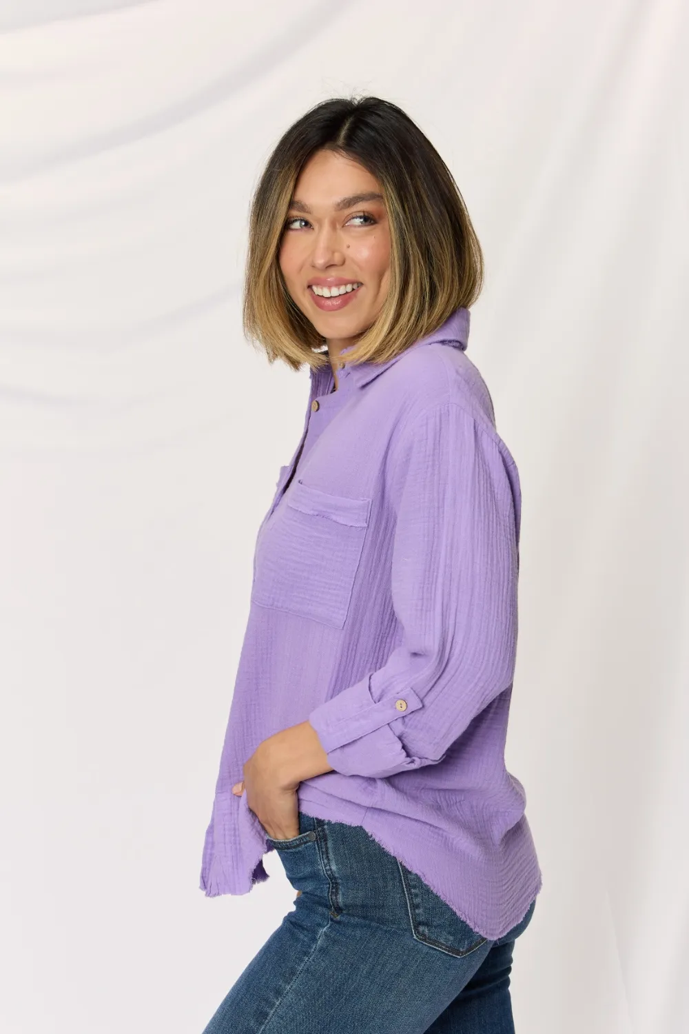 Texture Button Up Raw Hem Long Sleeve Shirt, image 5