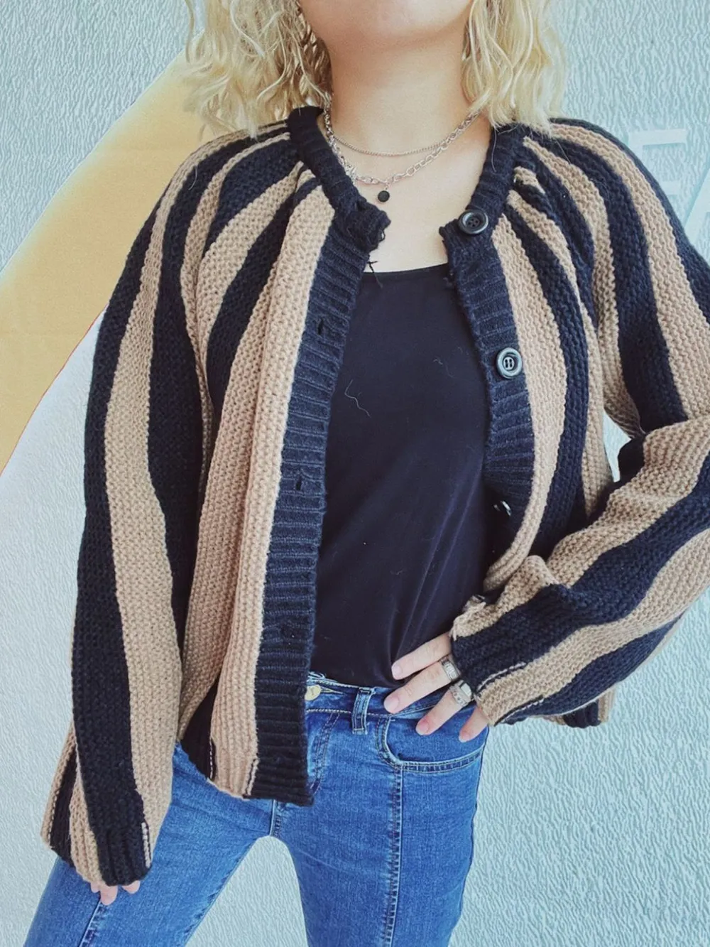 Contrast Stripes Button Down Long Sleeve Cardigan, image 4