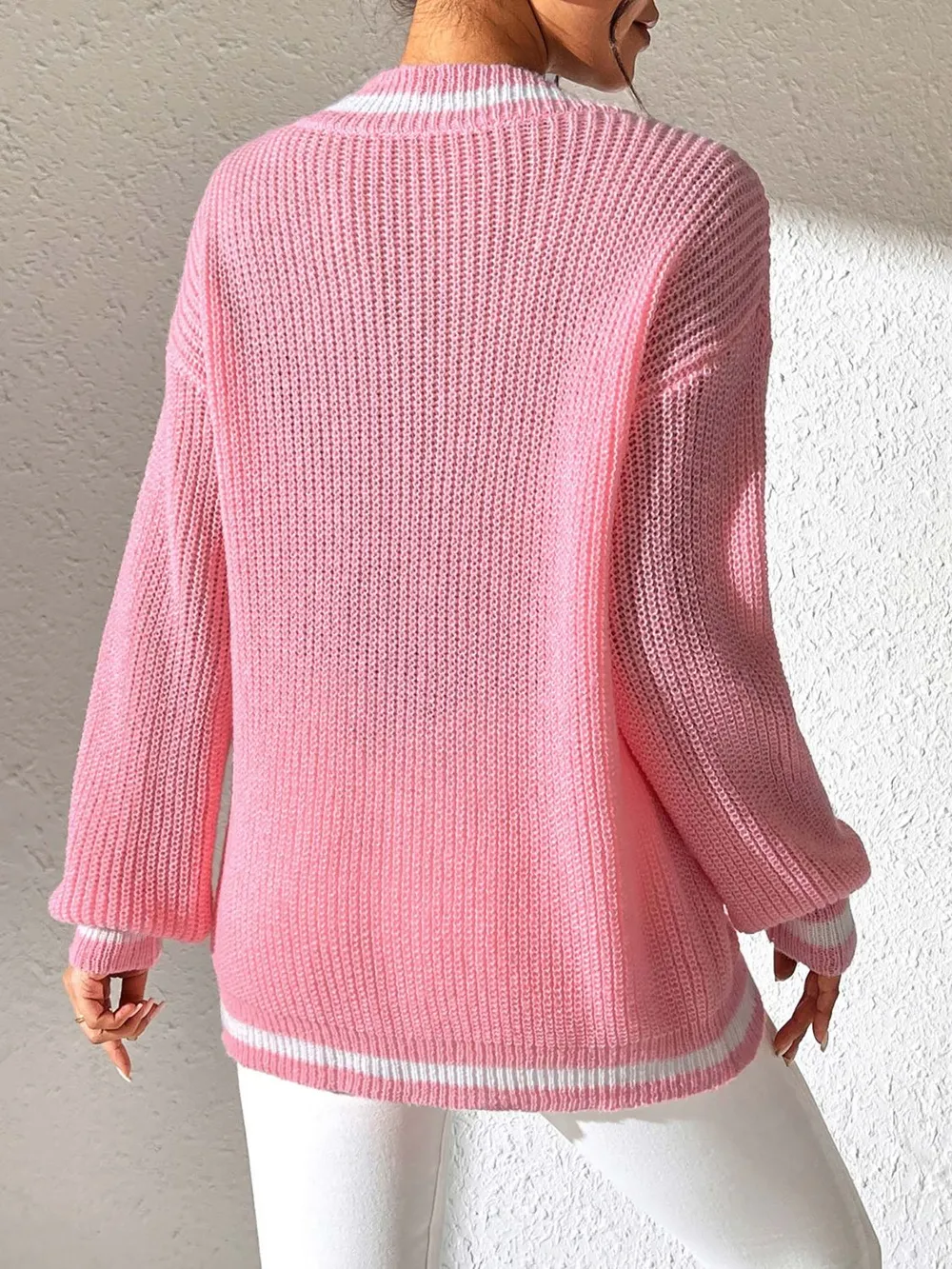 Contrast Trim V-Neck Long Sleeve Sweater, image 5