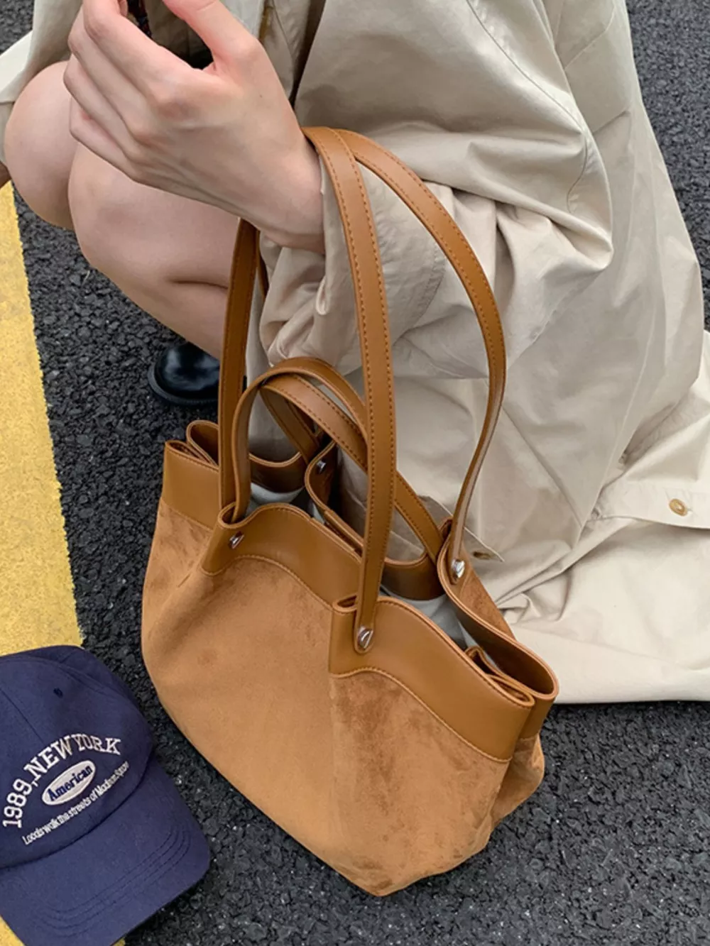 Suede and Leather Trim Shoulder Bag, image 6