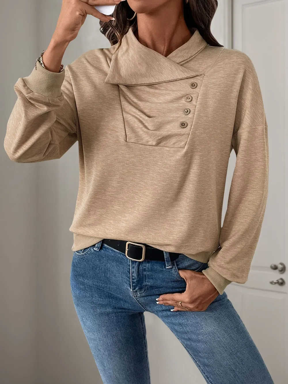 Asymmetric Mock Neck Long Sleeve Sweatshirt, image 3