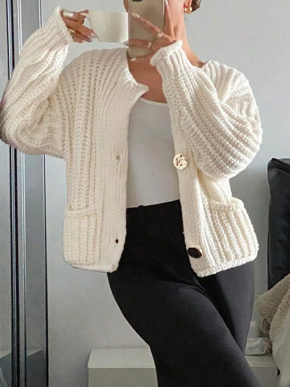 Button-Front Knit Cardigan with Pockets, image 6