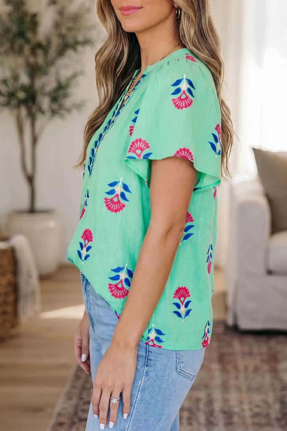 Floral V Neck Flutter Sleeve Blouse, image 2