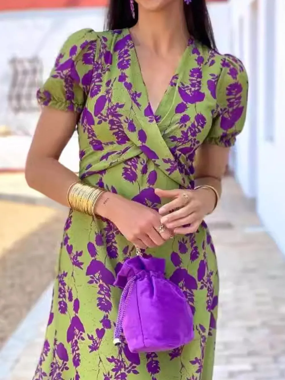 Full Size V-Neck Puff Sleeve Floral Print Dress Plus Size, image 4