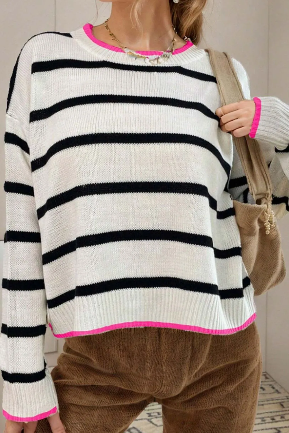 Striped Round Neck Drop Shoulder Sweater, image 2