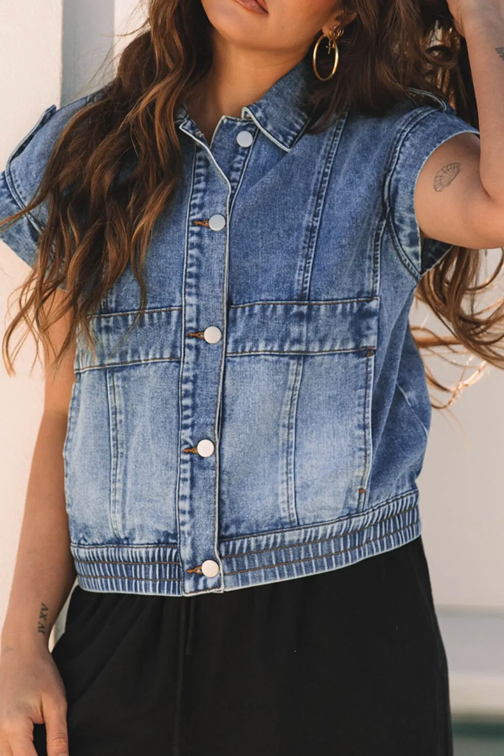 Button Up Cap Sleeve Denim Jacket, image 3