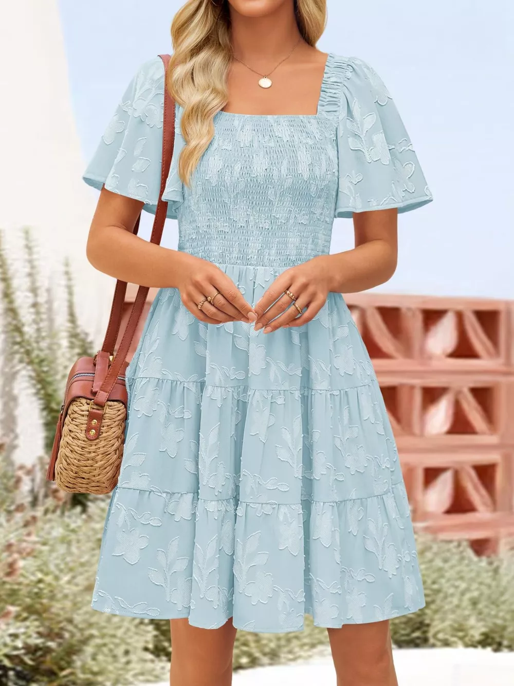 Smocked Square Neck Tiered Mini Dress, image 3