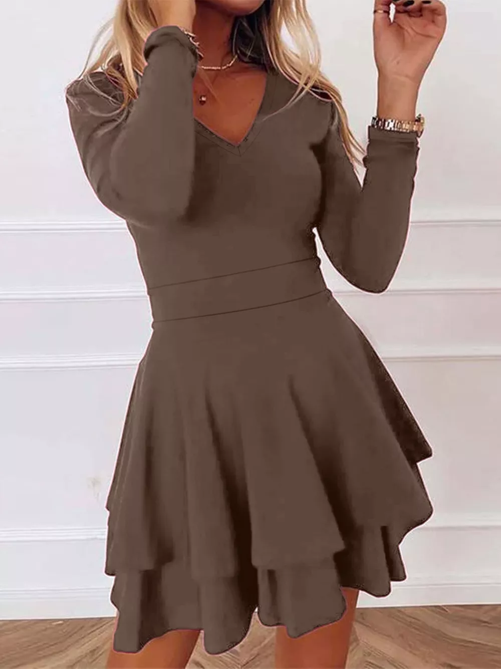 V-Neck Layered Ruffle Mini Dress, image 5