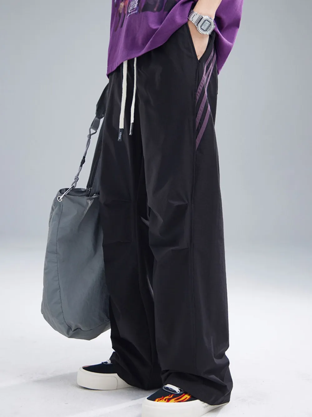 Men's Drawstring Ruched Pants with Side Stripes, image 3