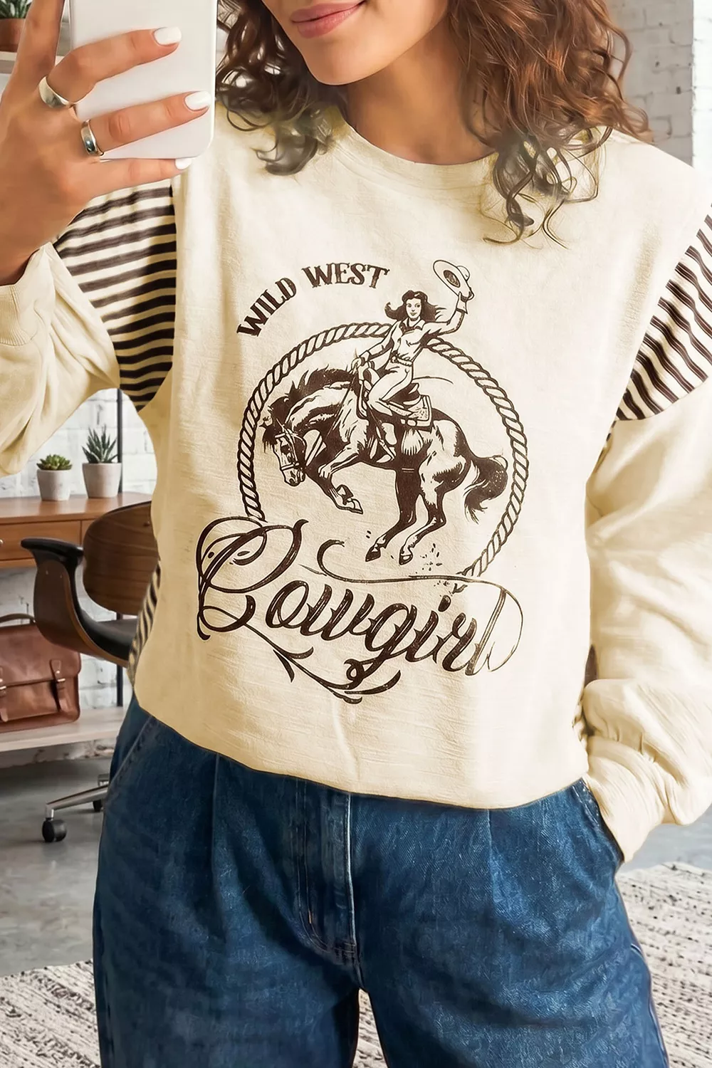 Western Graphic Striped Detail Long Sleeve Casual Top, image 3