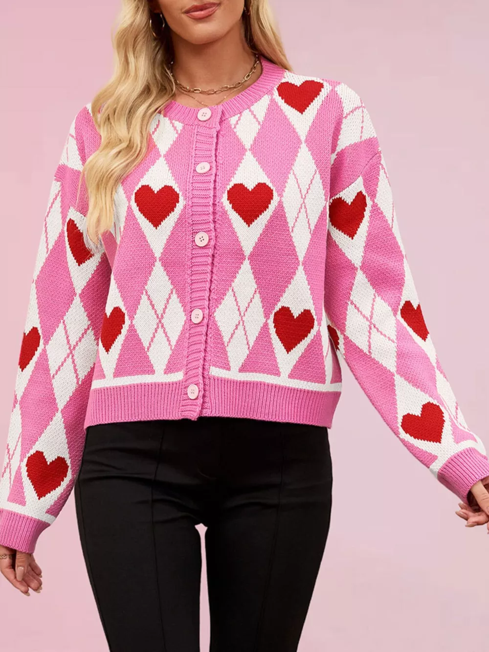 Argyle Heart Pattern Button-Up Knit Cardigan, image 3