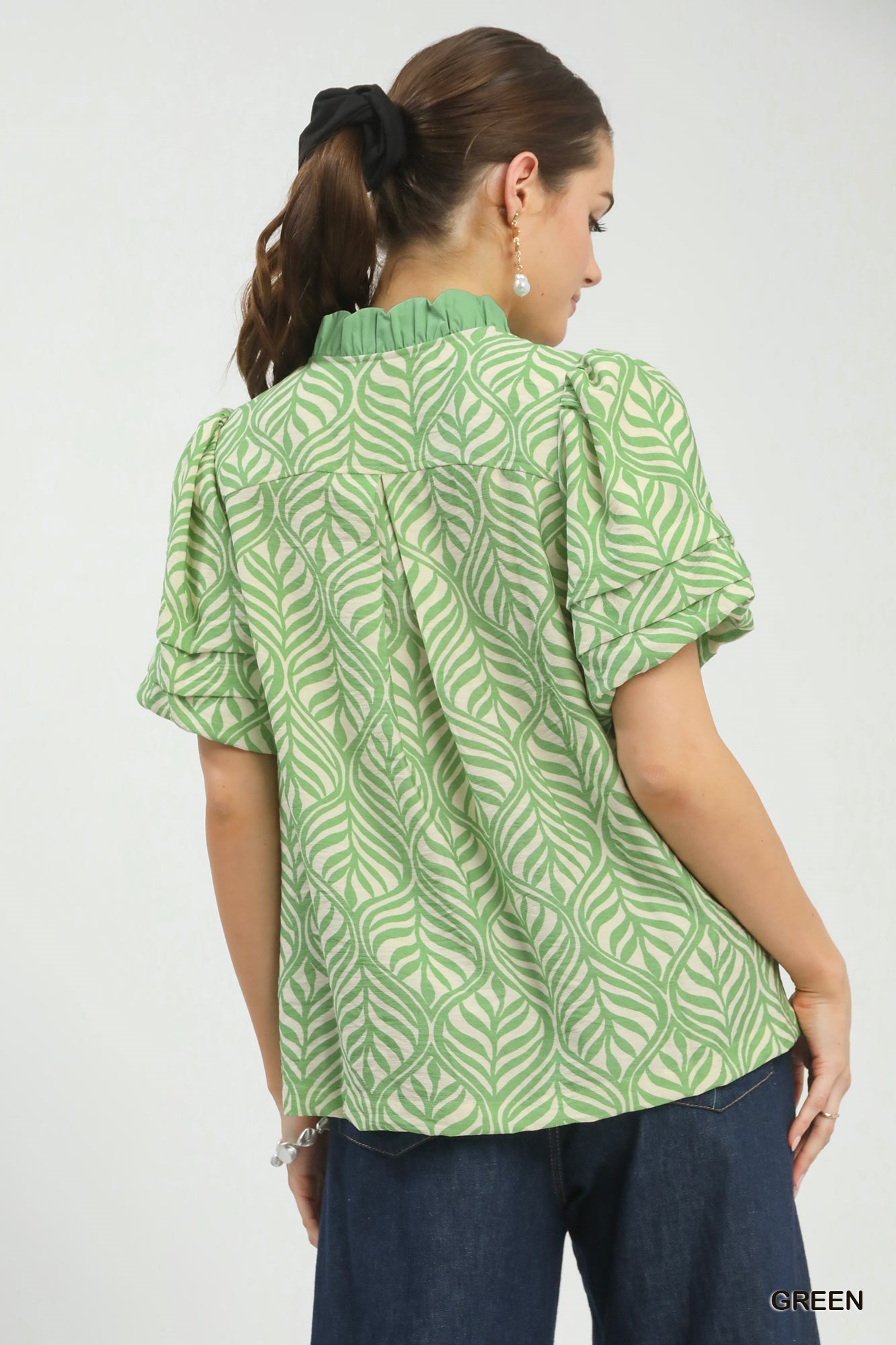 Printed Puff Sleeve Ruffle Neck Top, image 2