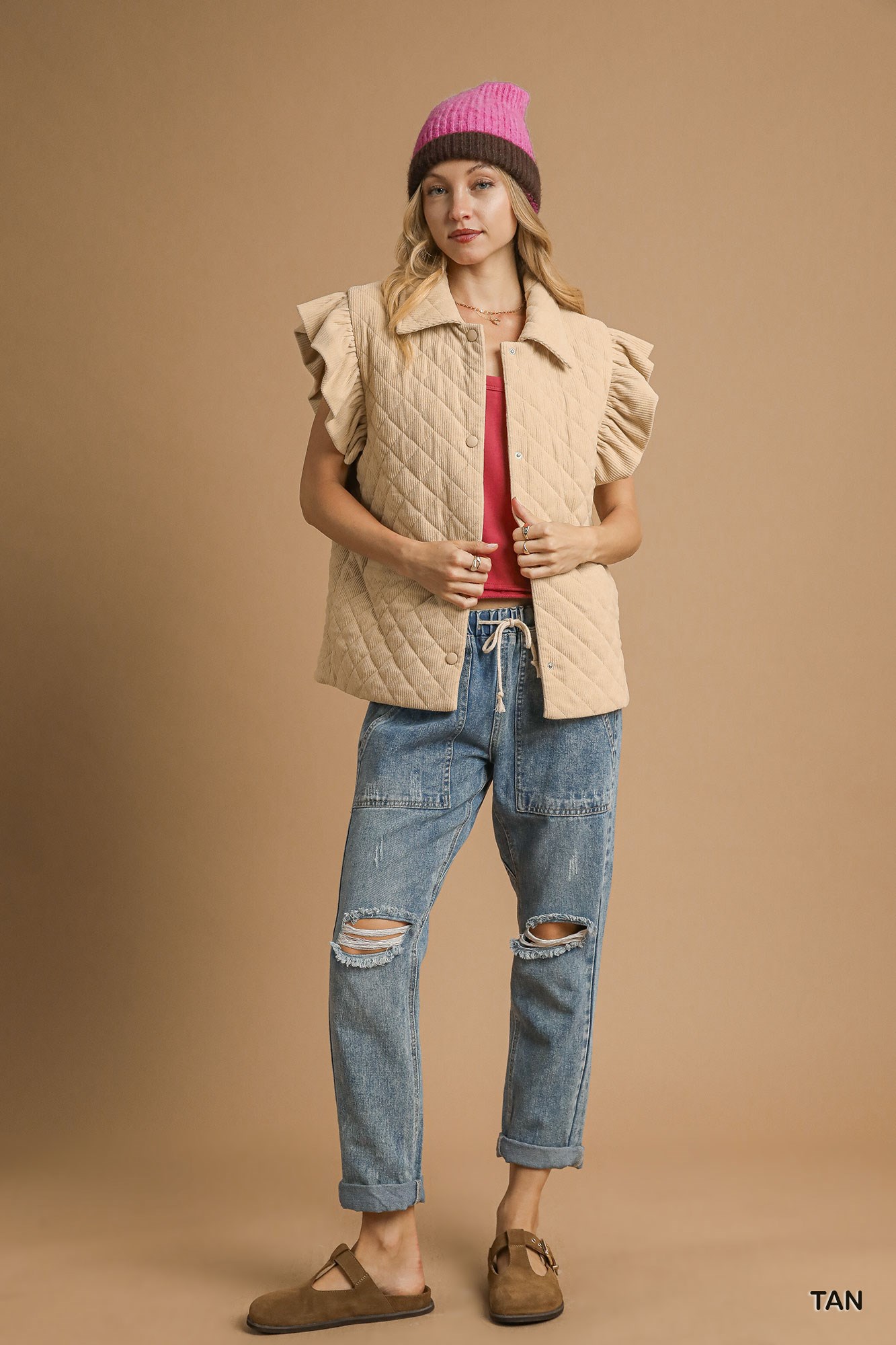 Corduroy Quilted Ruffle Sleeve Vest, image 3