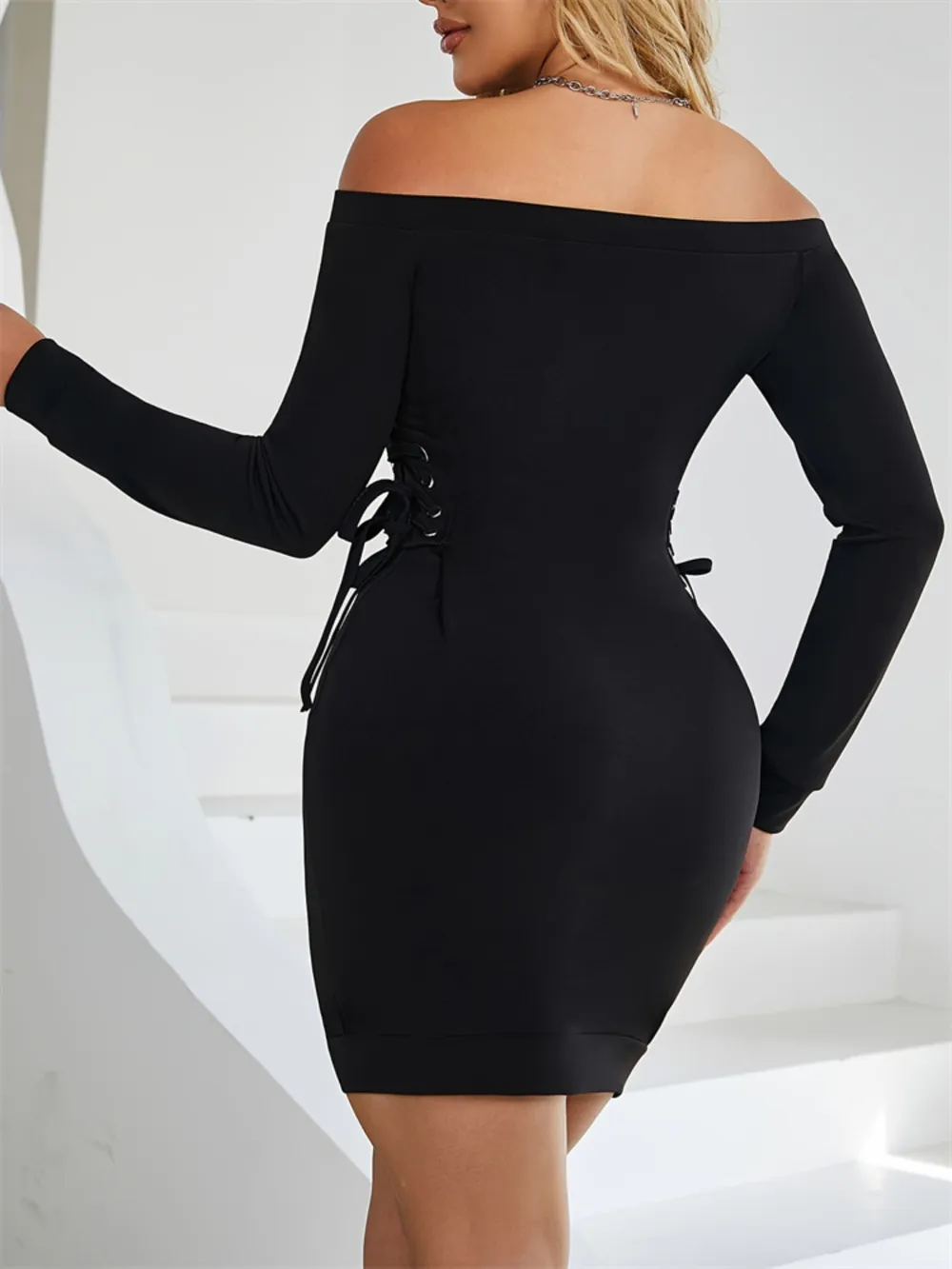 Lace-Up Off Shoulder Long Sleeve Mini Dress, image 4